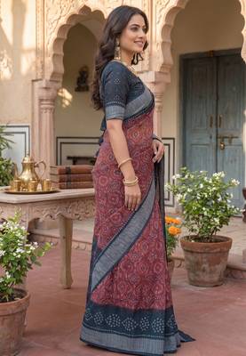 brown & grey chanderi bandhani printed ready to wear saree 2