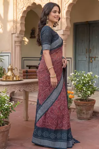 brown & grey chanderi bandhani printed ready to wear saree
