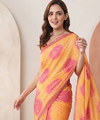 Yellow linen bandhani bollywood digital print saree 2