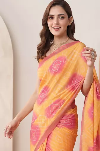 Yellow linen bandhani bollywood digital print saree