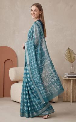 Teal green linen geometric bollywood digital print saree 2