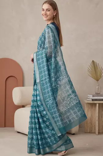 Teal green linen geometric bollywood digital print saree