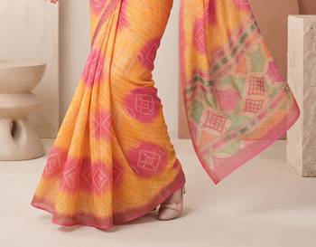 Yellow linen bandhani bollywood digital print saree 3