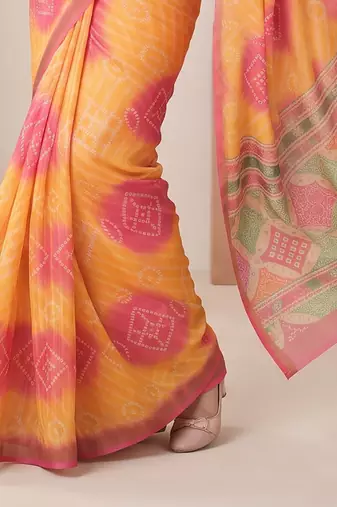 Yellow linen bandhani bollywood digital print saree