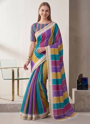 multi color chanderi stripd digital print bollywood saree 1