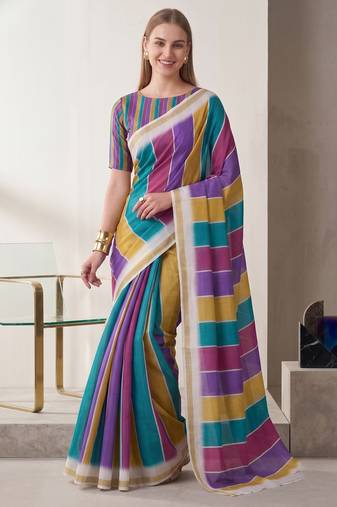 multi color chanderi stripd digital print bollywood saree