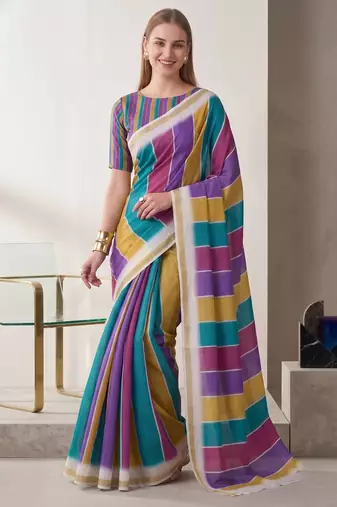 multi color chanderi stripd digital print bollywood saree