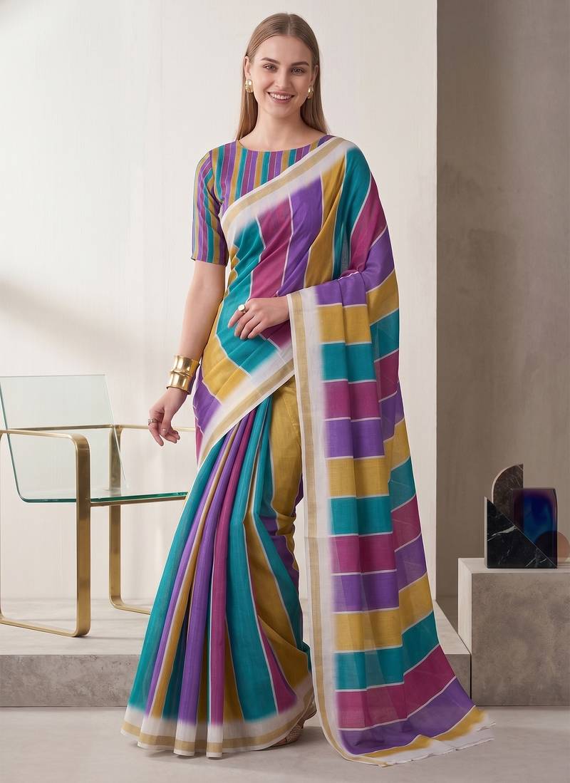 multi color chanderi stripd digital print bollywood saree