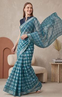 Teal green linen geometric bollywood digital print saree 3