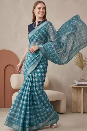Teal green linen geometric bollywood digital print saree
