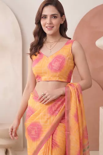 Yellow linen bandhani bollywood digital print saree