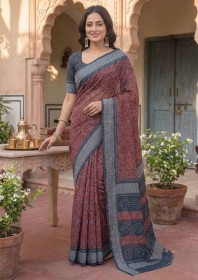 brown & grey chanderi bandhani printed ready to wear saree 3