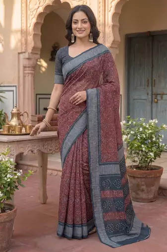 brown & grey chanderi bandhani printed ready to wear saree