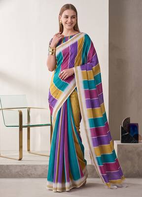 multi color chanderi stripd digital print bollywood saree 2
