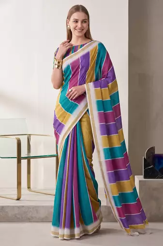 multi color chanderi stripd digital print bollywood saree