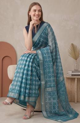 Teal green linen geometric bollywood digital print saree 4