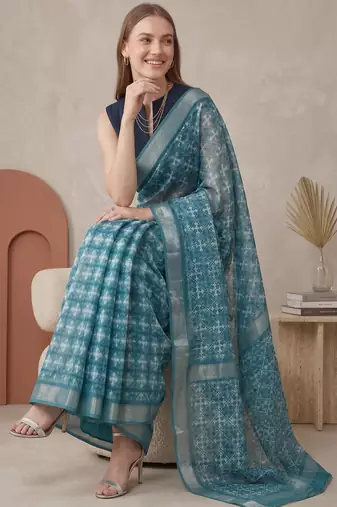 Teal green linen geometric bollywood digital print saree