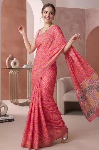 Pink linen bandhani bollywood digital print saree
