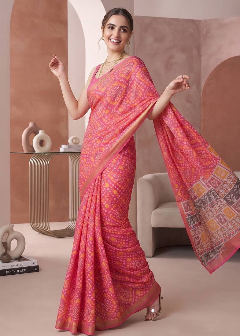 Pink linen bandhani bollywood digital print saree