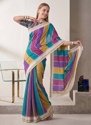 multi color chanderi stripd digital print bollywood saree 3