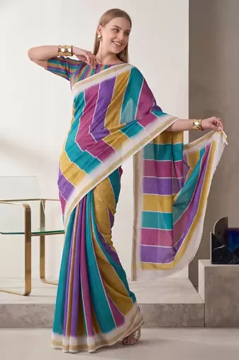 multi color chanderi stripd digital print bollywood saree