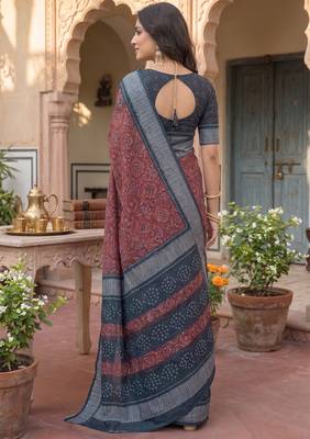 brown & grey chanderi bandhani printed ready to wear saree 4