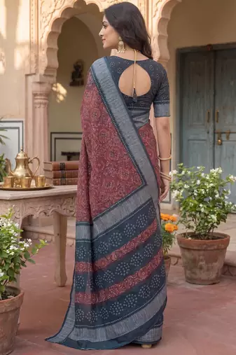 brown & grey chanderi bandhani printed ready to wear saree