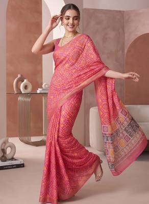 Pink linen bandhani bollywood digital print saree 2