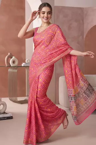 Pink linen bandhani bollywood digital print saree