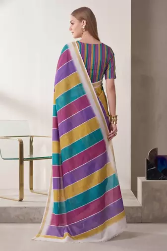 multi color chanderi stripd digital print bollywood saree