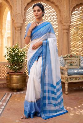 blue & white chanderi striped printed ready to wear saree 1