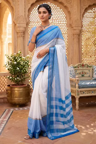 blue & white chanderi striped printed ready to wear saree