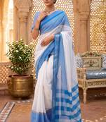 blue & white chanderi striped printed ready to wear saree