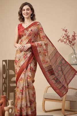 Beige & orange linen geometric bollywood digital print saree 1
