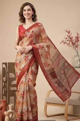Beige & orange linen geometric bollywood digital print saree