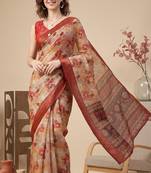 Beige & orange linen geometric bollywood digital print saree