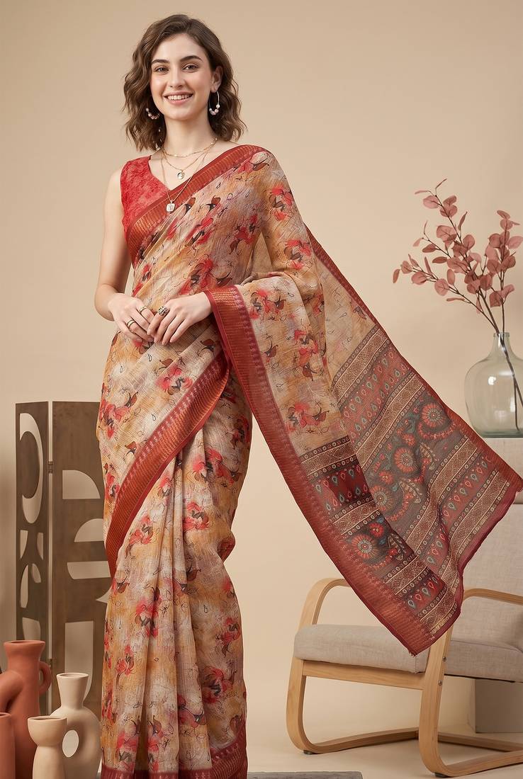 Beige & orange linen geometric bollywood digital print saree