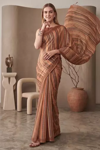 Multicolor linen striped bollywood digital print saree