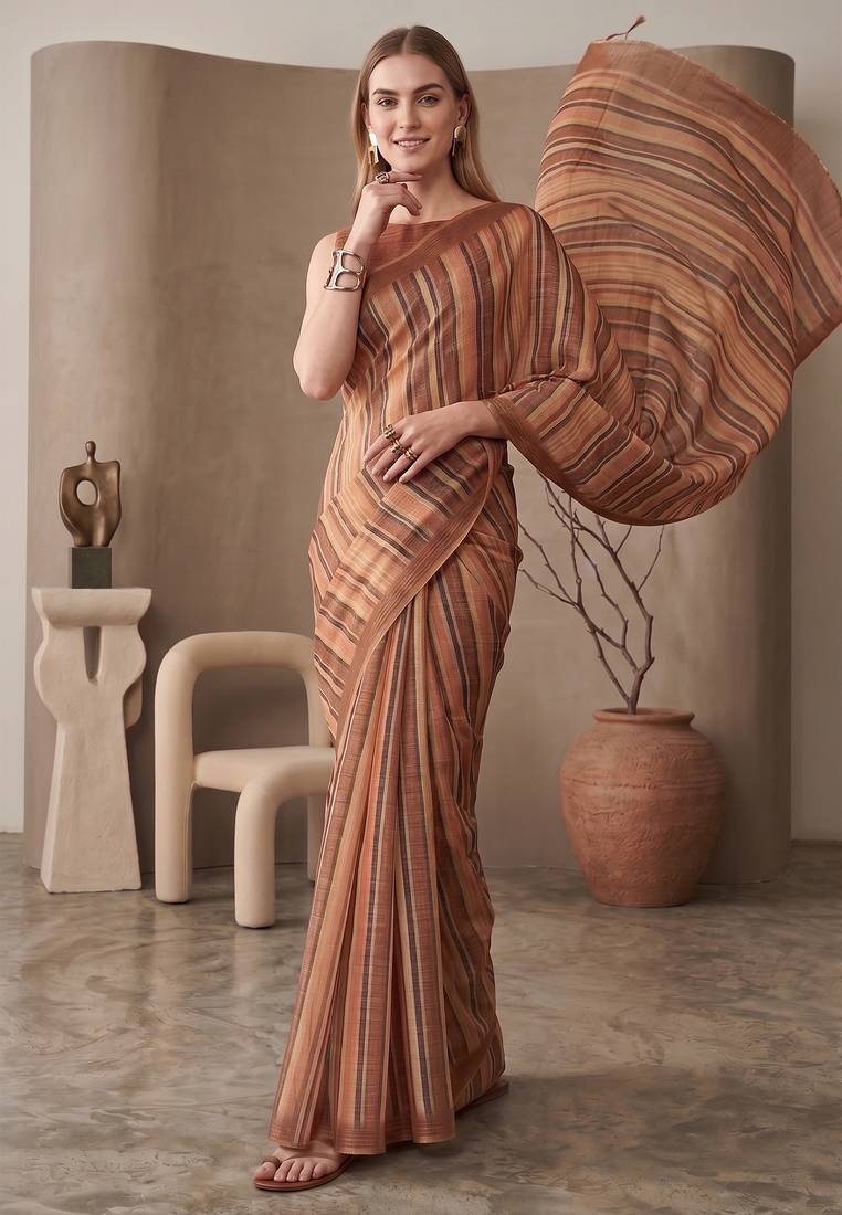 Multicolor linen striped bollywood digital print saree