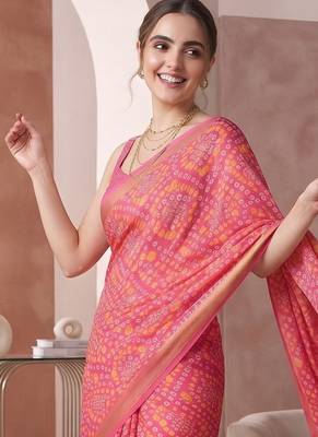 Pink linen bandhani bollywood digital print saree 3