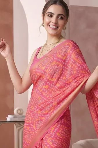 Pink linen bandhani bollywood digital print saree