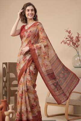 Beige & orange linen geometric bollywood digital print saree 2