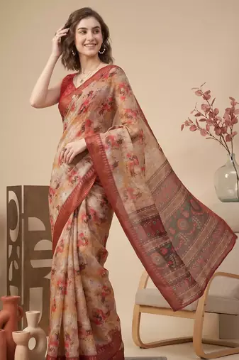 Beige & orange linen geometric bollywood digital print saree