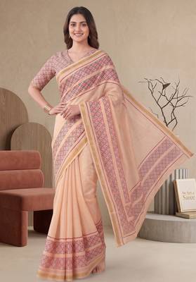 peach chanderi geometric digital print bollywood saree 1