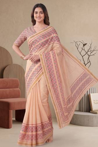 peach chanderi geometric digital print bollywood saree