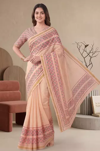 peach chanderi geometric digital print bollywood saree
