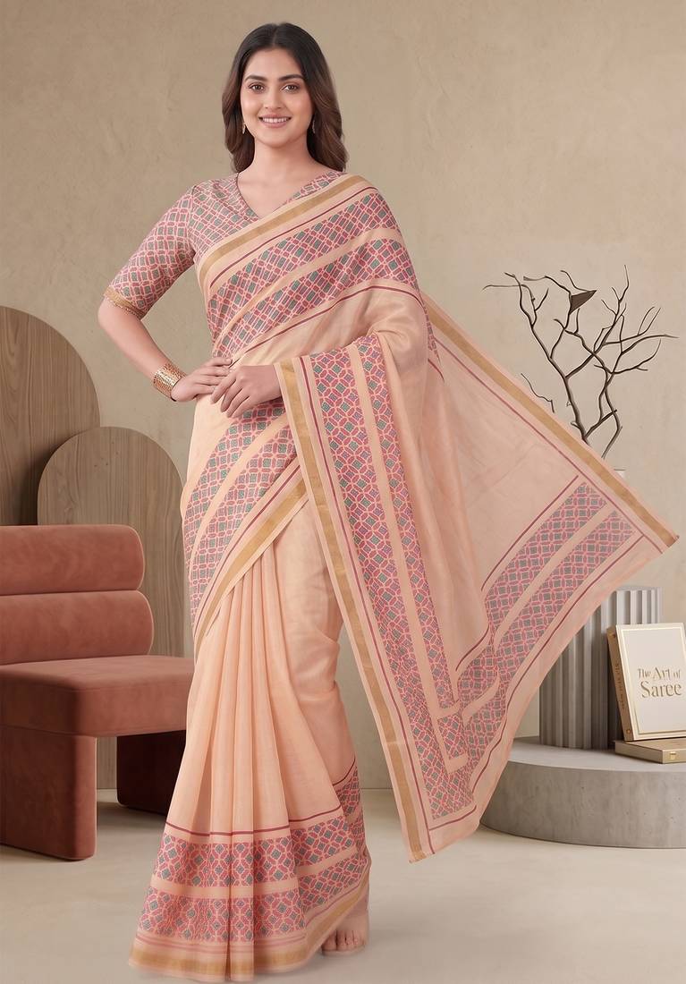 peach chanderi geometric digital print bollywood saree