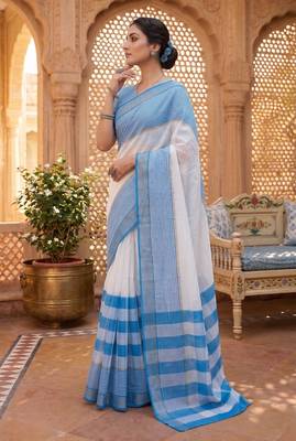 blue & white chanderi striped printed ready to wear saree 2
