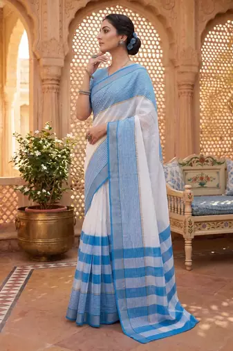 blue & white chanderi striped printed ready to wear saree