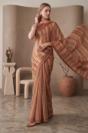 Multicolor linen striped bollywood digital print saree